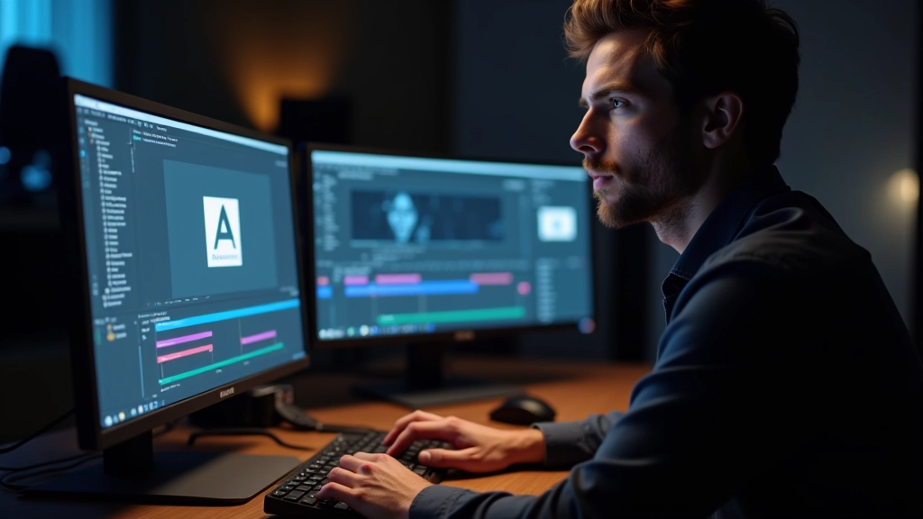 Director working with animation timing software, multiple monitor setup showing frame timeline