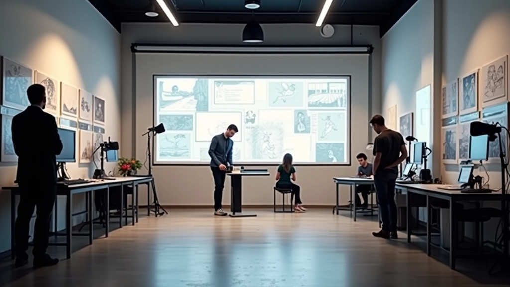 Estúdio de animação moderno com painéis de storyboard e equipamento de captura de movimento