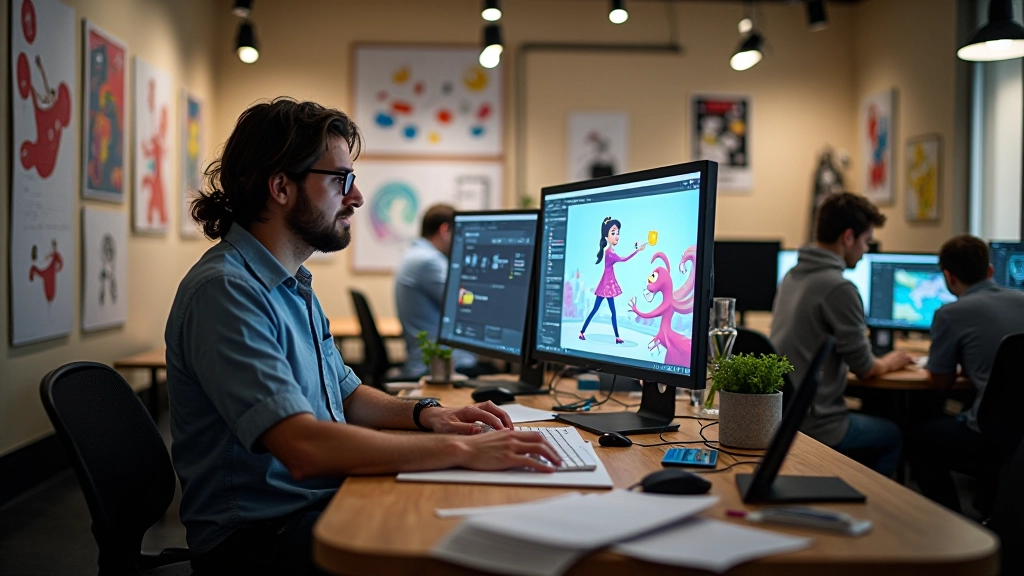 Estúdio moderno de animação com quadros de storyboard e software de animação em monitores duplos