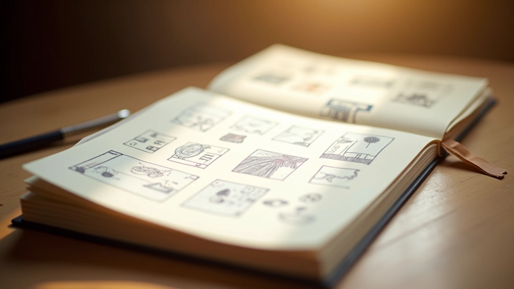 Caderno aberto com esboços de movimento desenhados à mão