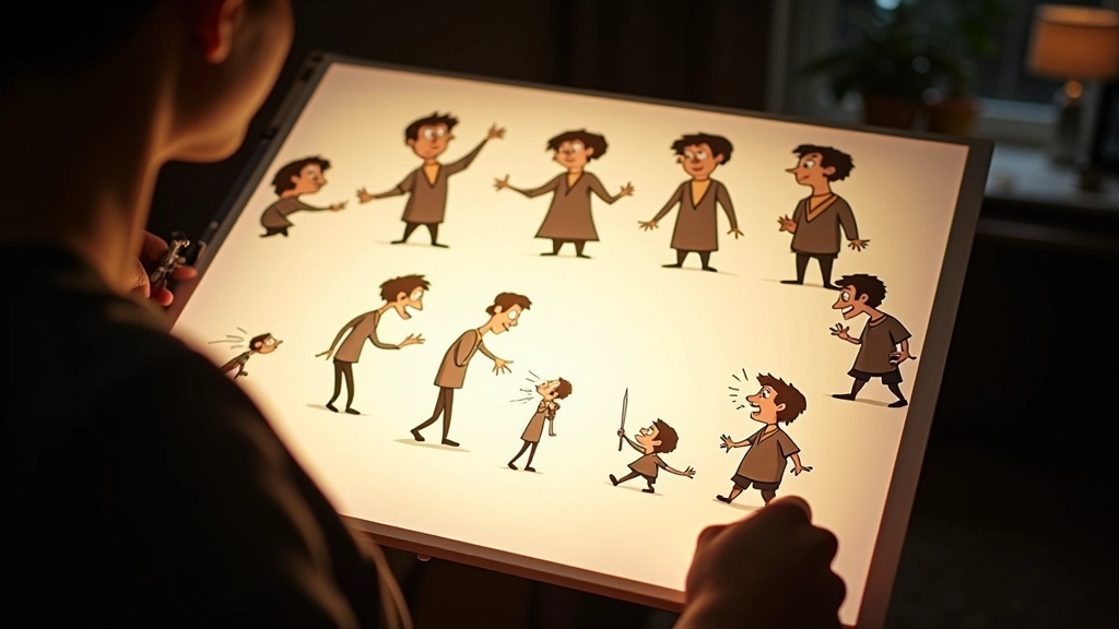 Sequência de quadros-chave mostrando personagem descobrindo carta, com anotações de timing e emoção em cada estágio