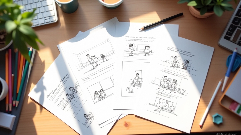 Storyboard de sequência narrativa com ilustrações de direção de câmera